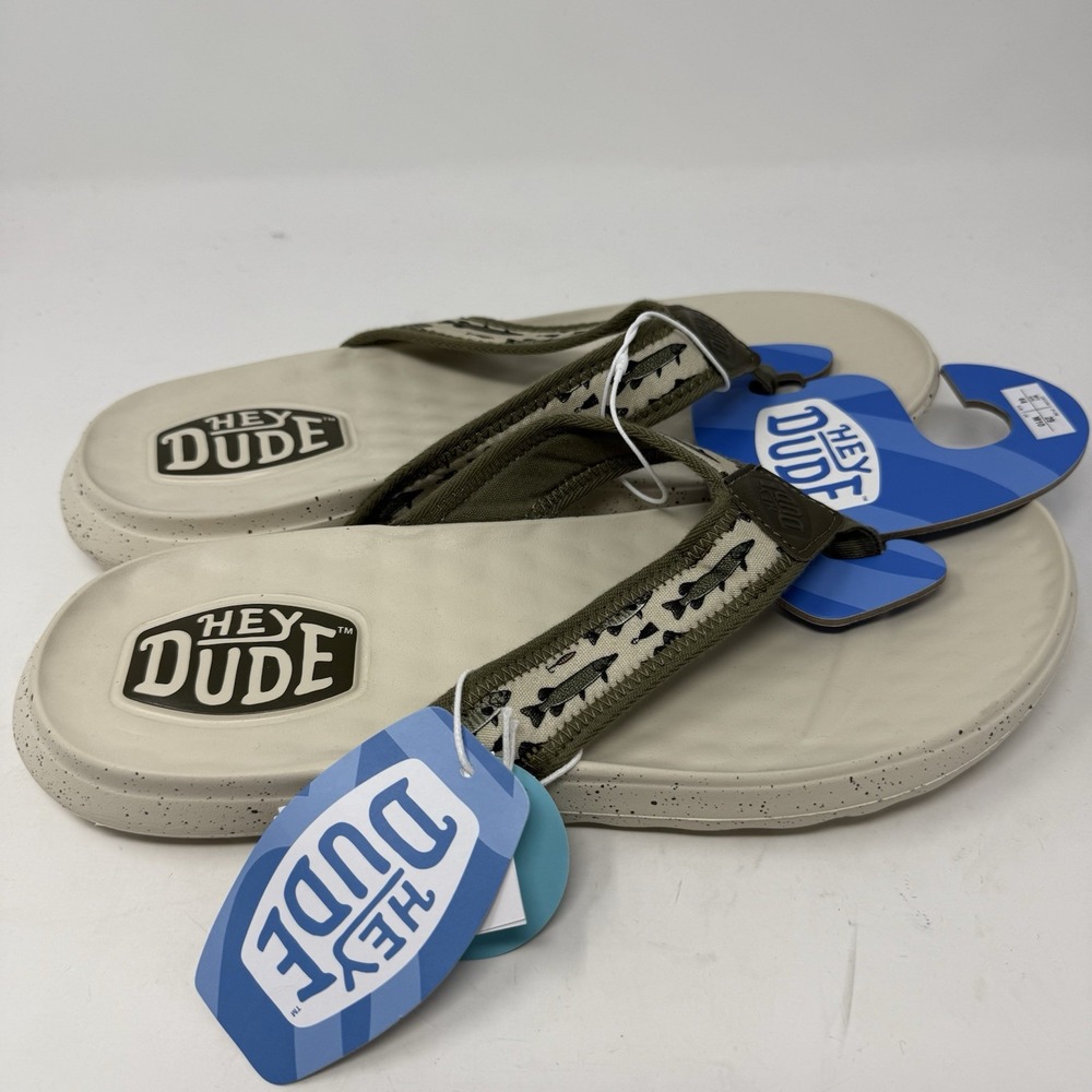 Hey Dude Flip Flops Mens 11 Tan Fish Lure Brown Myers Sandals Slip On Comfort - Picture 2 of 7